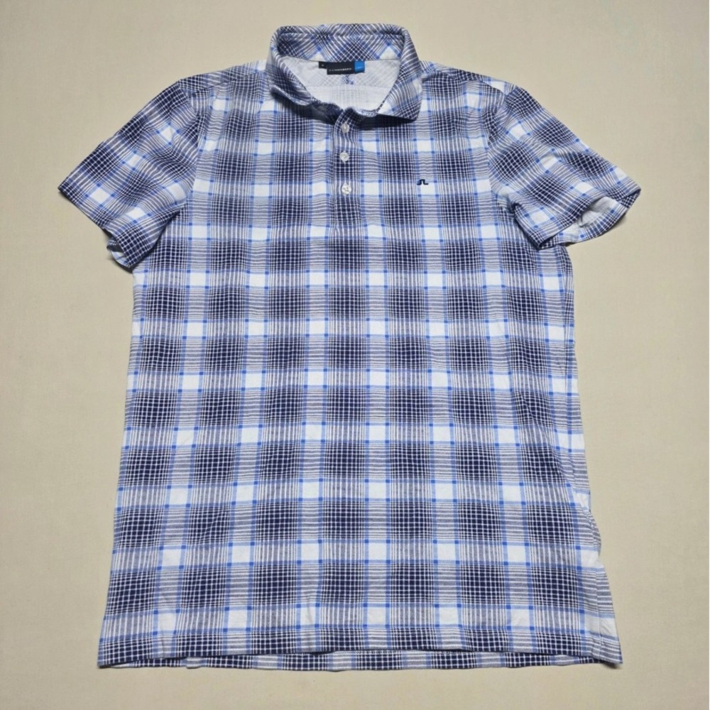 J.Lindeberg Men Blue/Wht Plaid Short-Sleeve Polo Shirt Size Medium Slim Fit